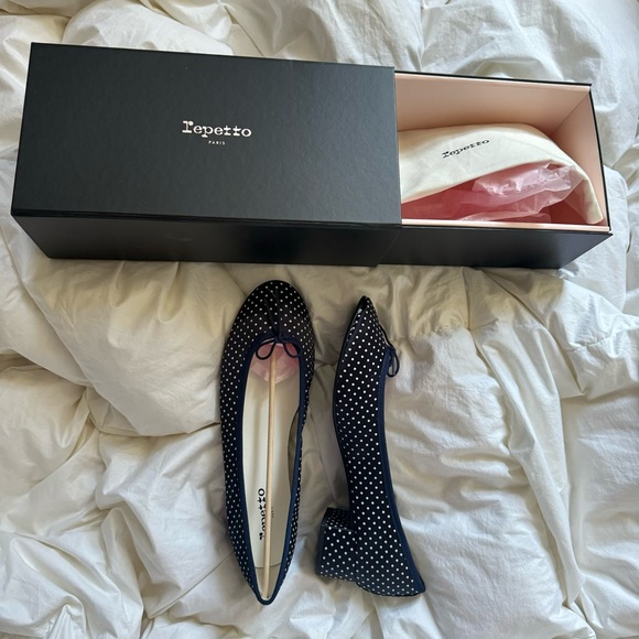 NWT Repetto Camille Heels Navy Polka Dot Women's Shoes Ballet Flats block heel - Picture 6 of 11